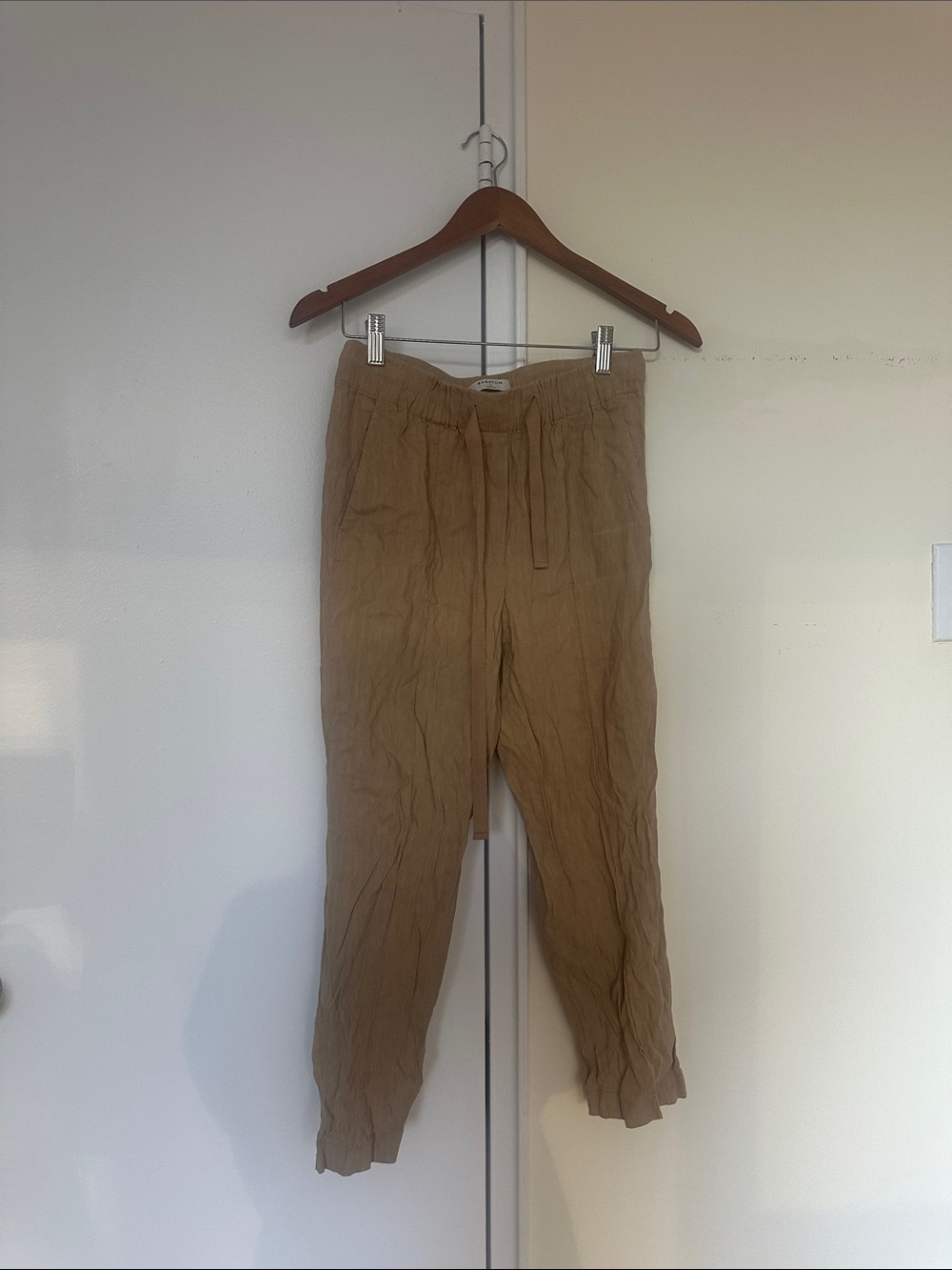 Babaton Tan Drawstring Linen Trousers